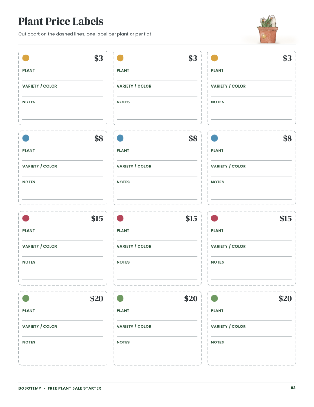 Twelve cut-apart plant price labels