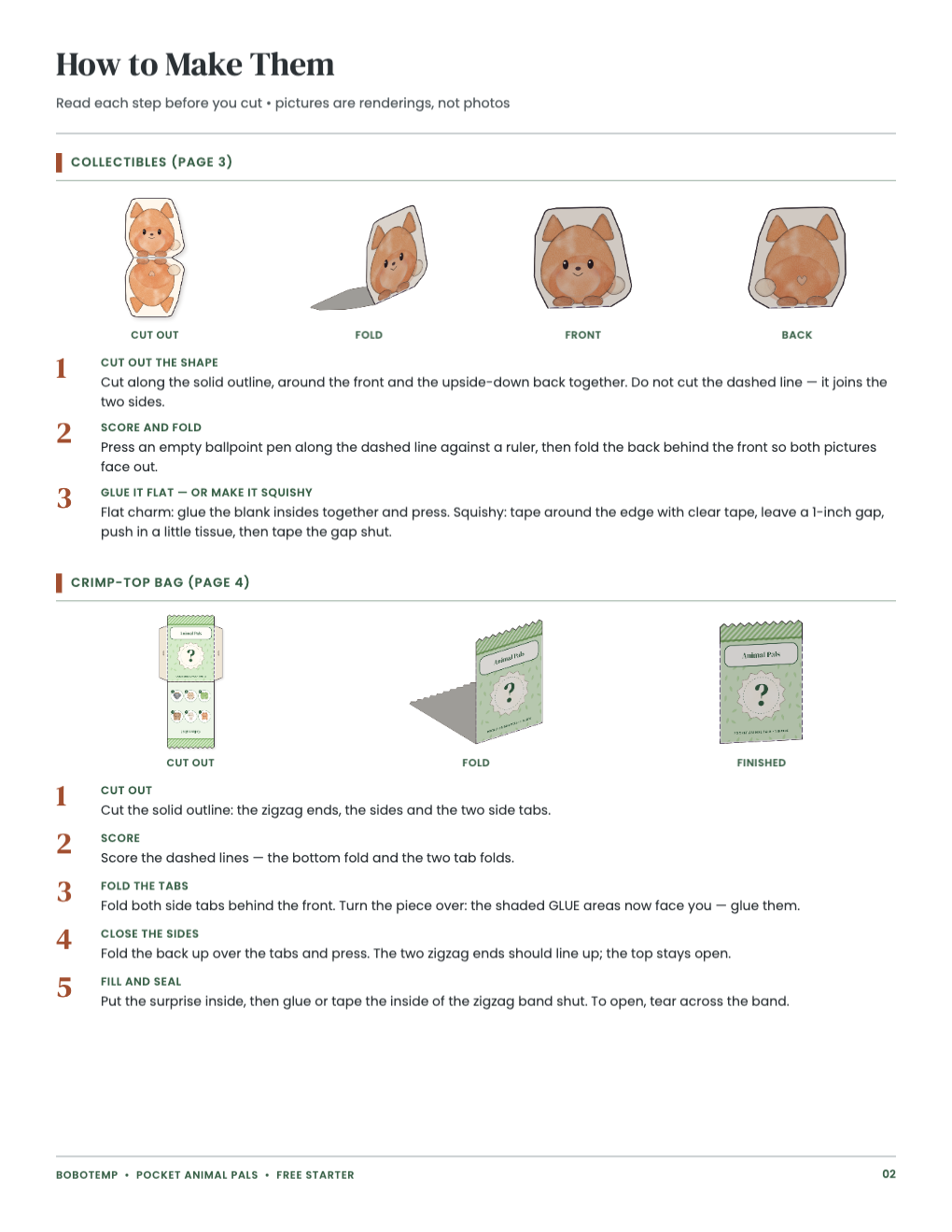 Pictured steps (renderings) for making the collectible and the bag