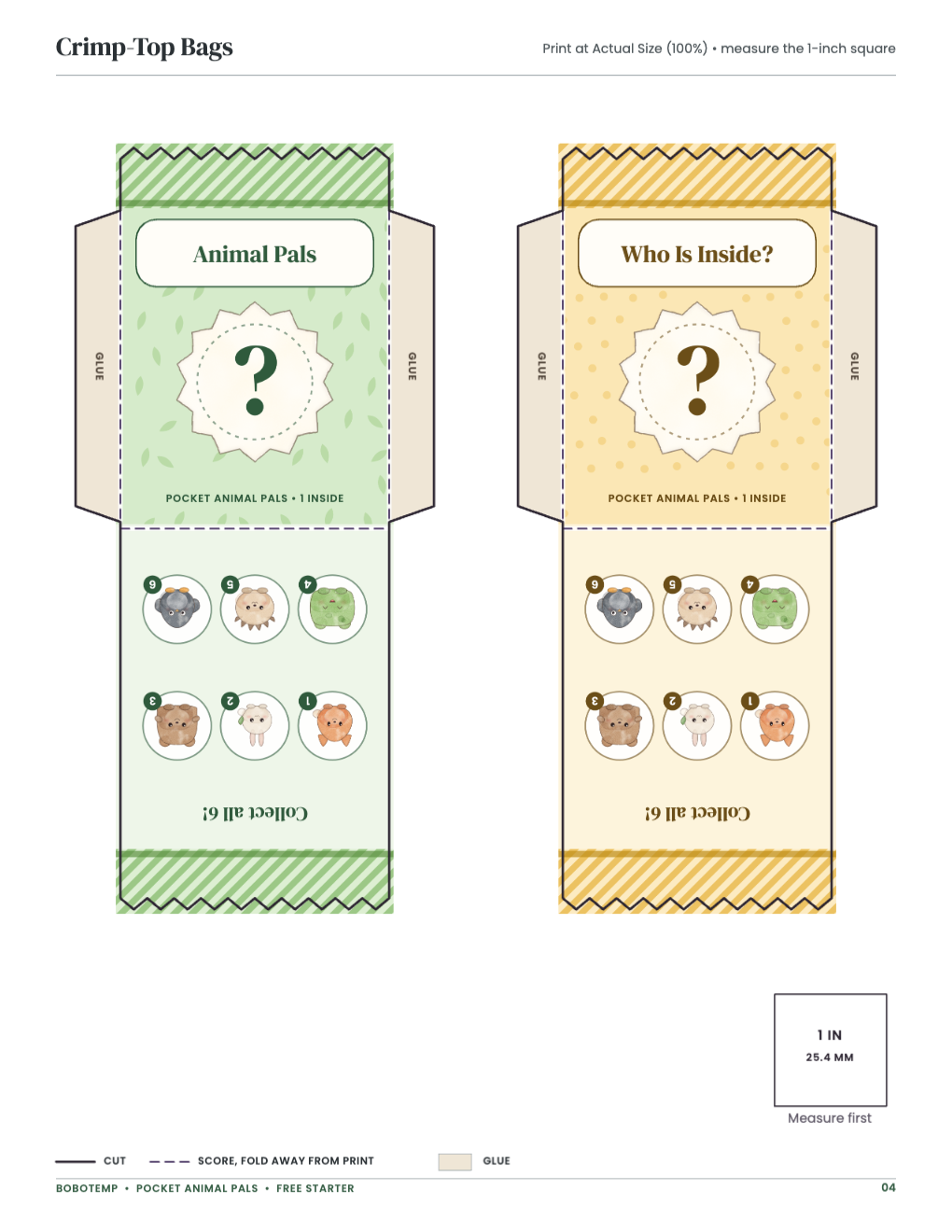 Crimp-Top Bags: bag templates with cut, score and glue lines and a 1-inch square