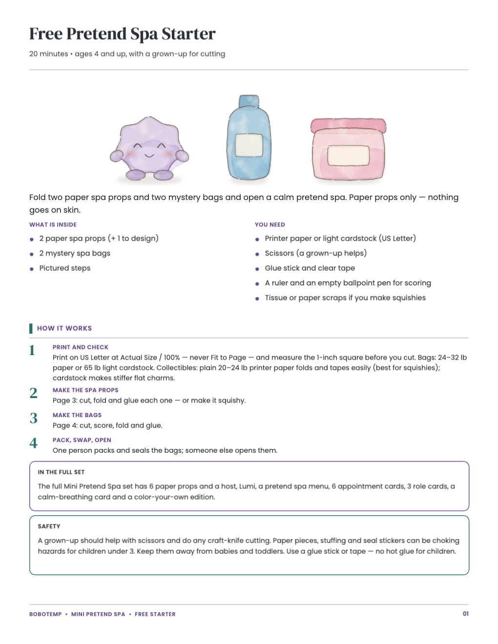 Free Pretend Spa Starter guide: what is inside, the steps and safety notes