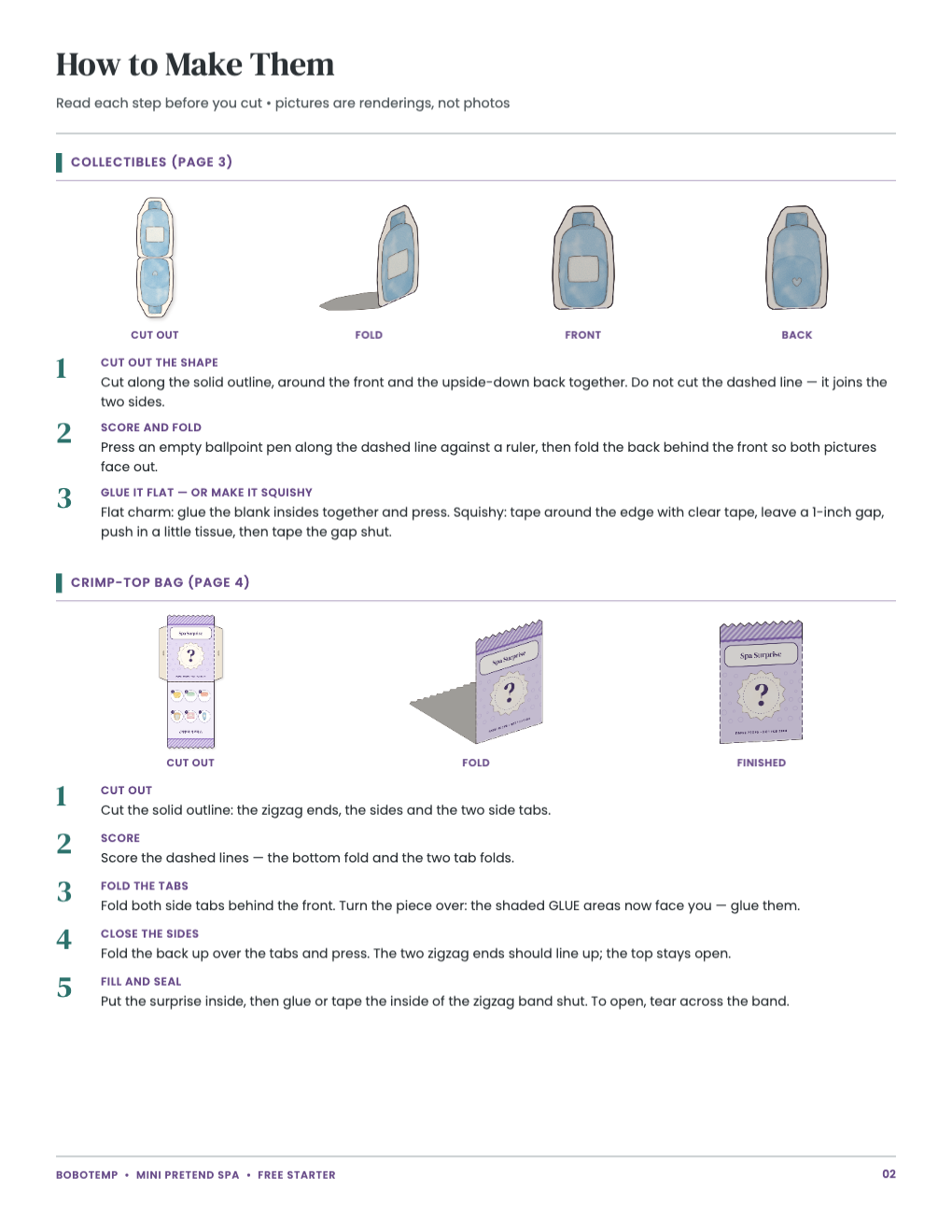 Pictured steps (renderings) for making the collectible and the bag