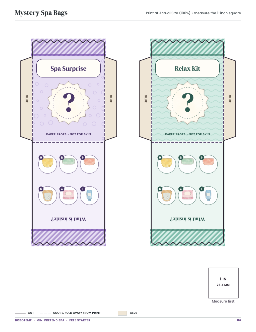 Mystery Spa Bags: bag templates with cut, score and glue lines and a 1-inch square