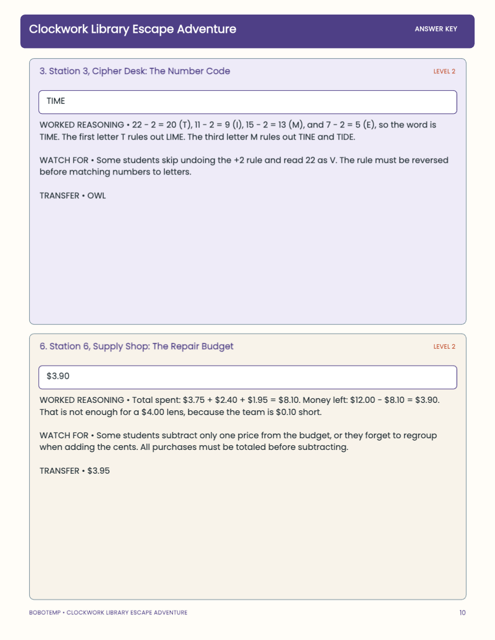 Clockwork Library Escape Adventure worked answer page