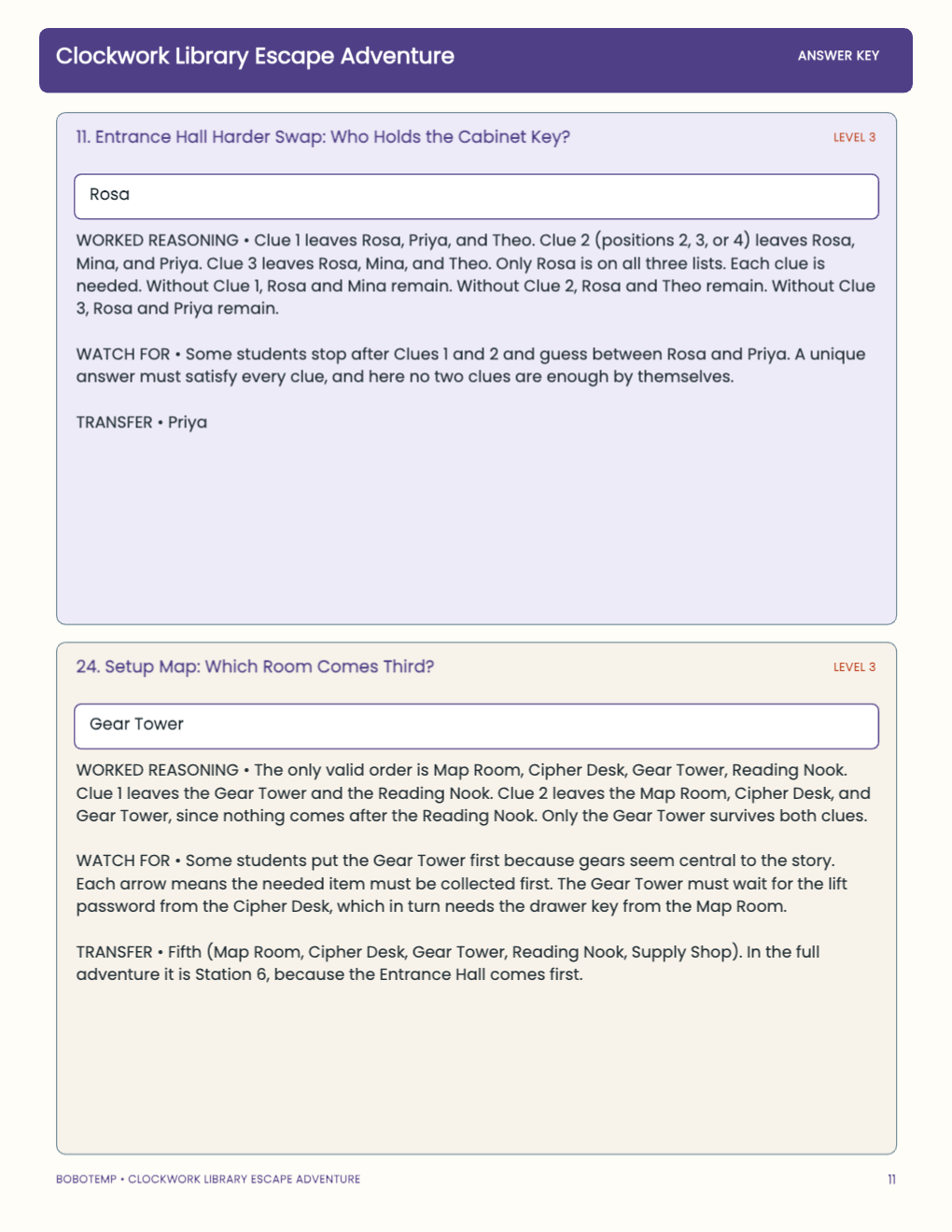 Clockwork Library Escape Adventure worked answer page