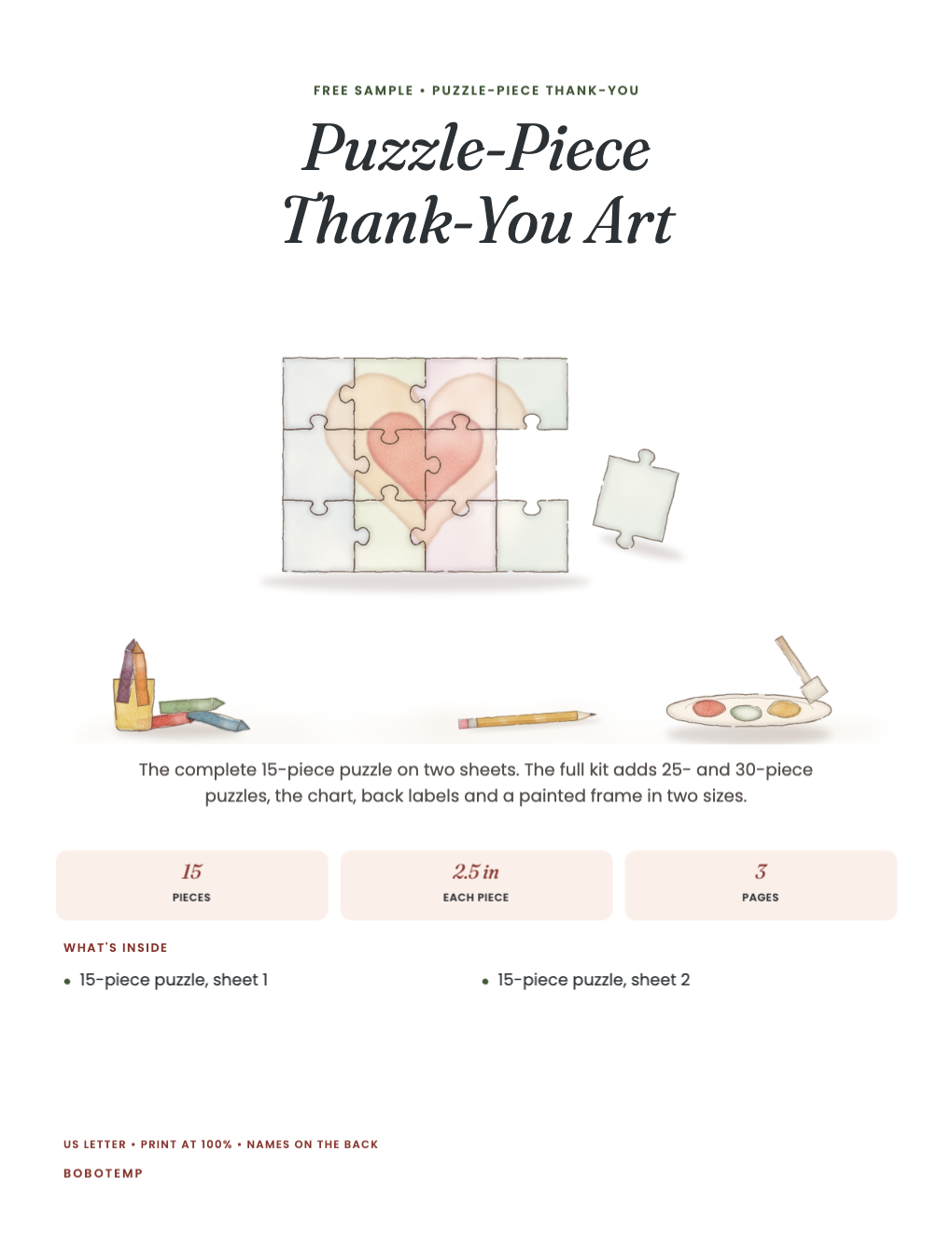 Puzzle-Piece Thank-You Art sampler cover with painted puzzle pieces and a heart