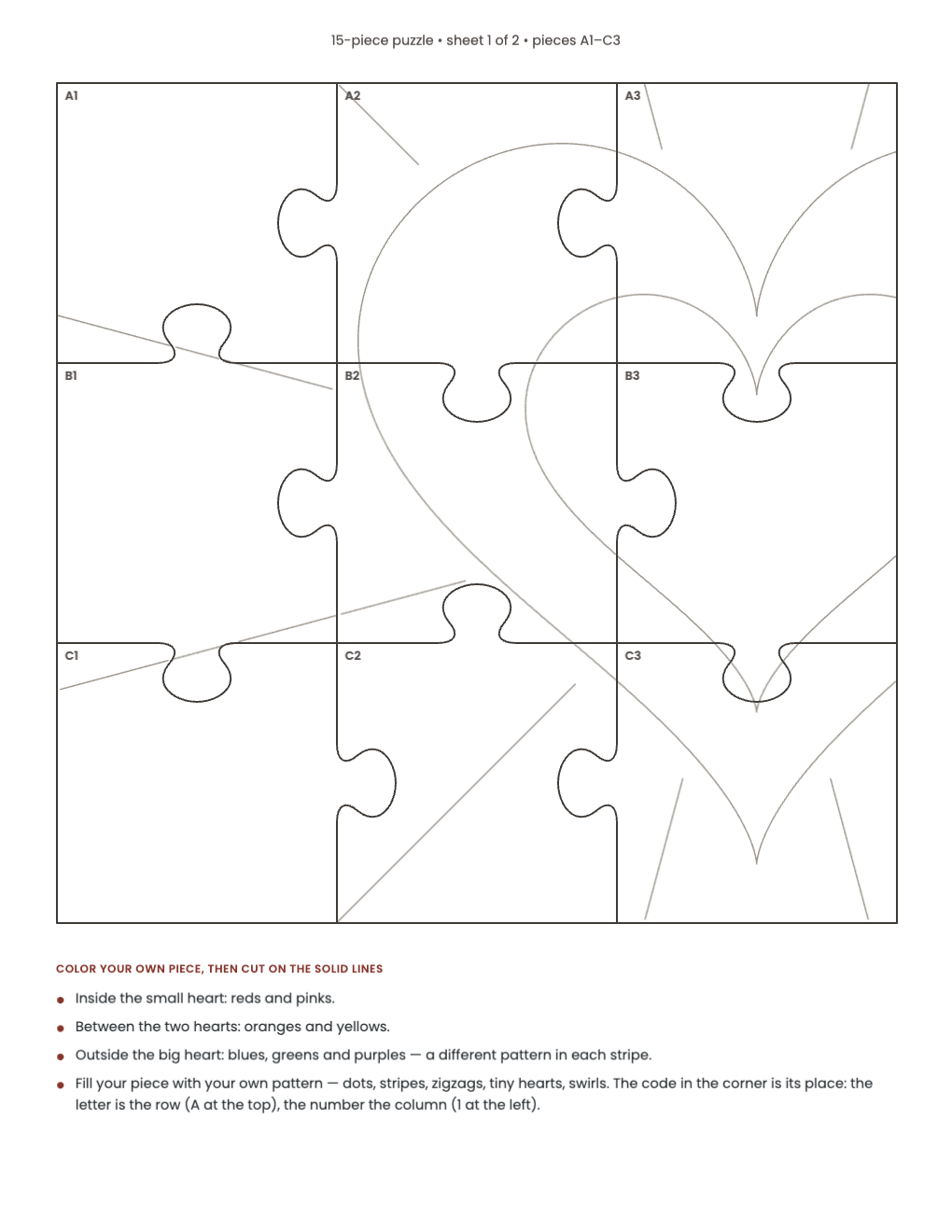 15-piece puzzle sheet 1 of 2, pieces A1 to C3, with heart outlines and coloring zones