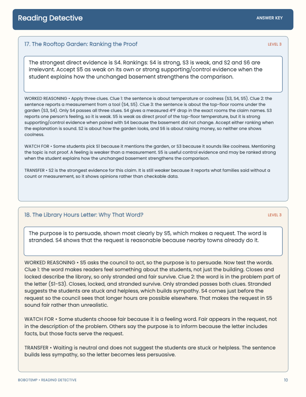 Reading Detective worked answer page
