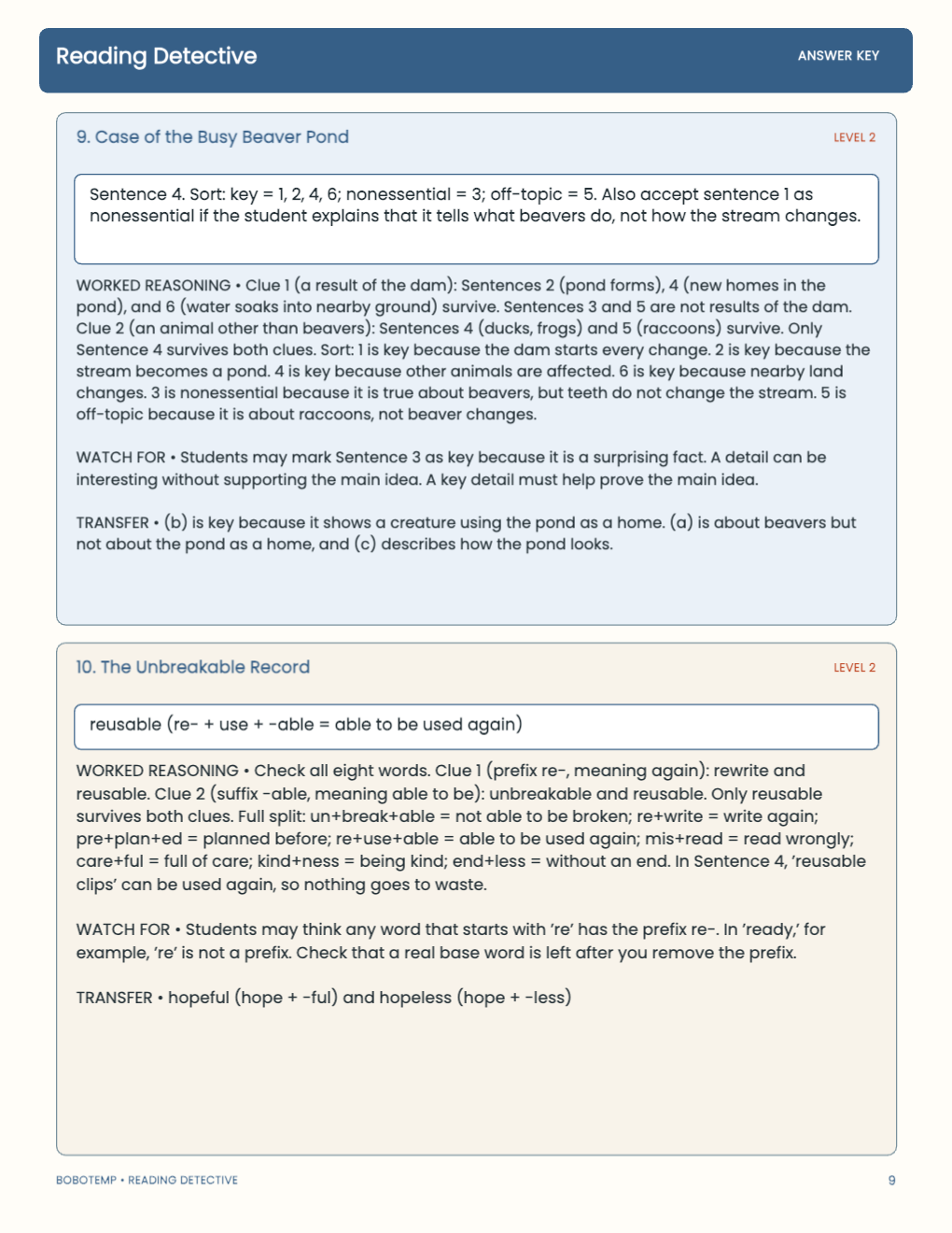 Reading Detective worked answer page