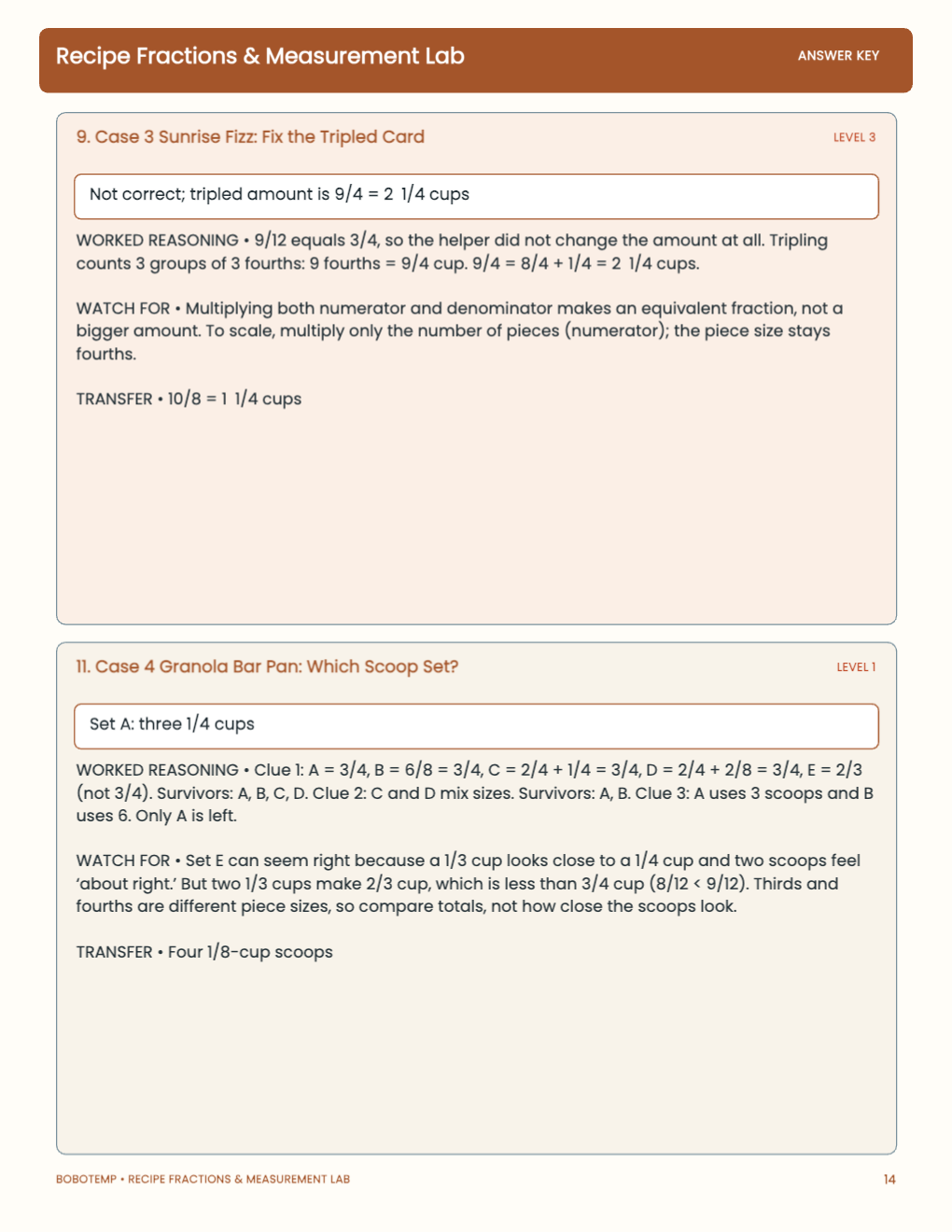 Recipe Fractions & Measurement Lab worked answer page