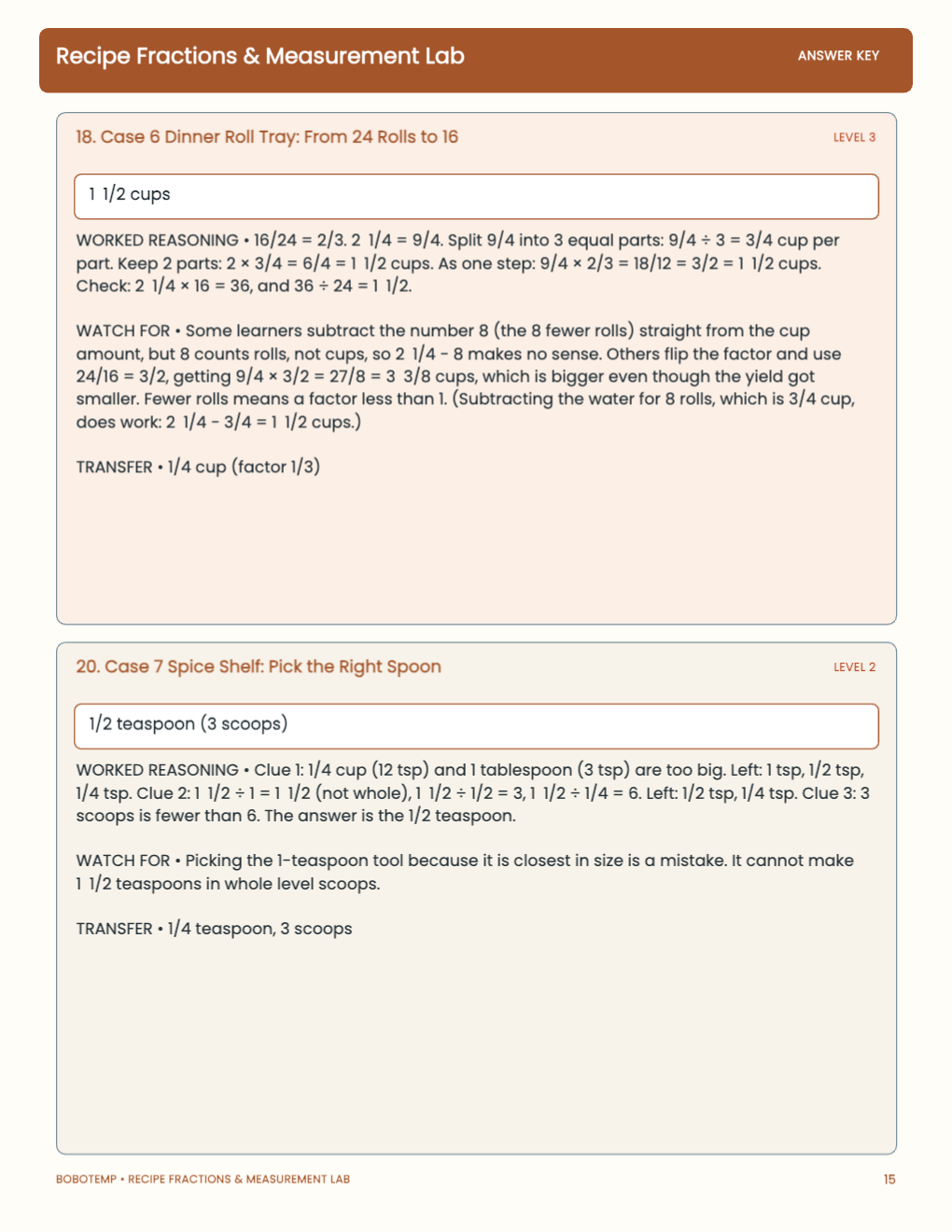 Recipe Fractions & Measurement Lab worked answer page