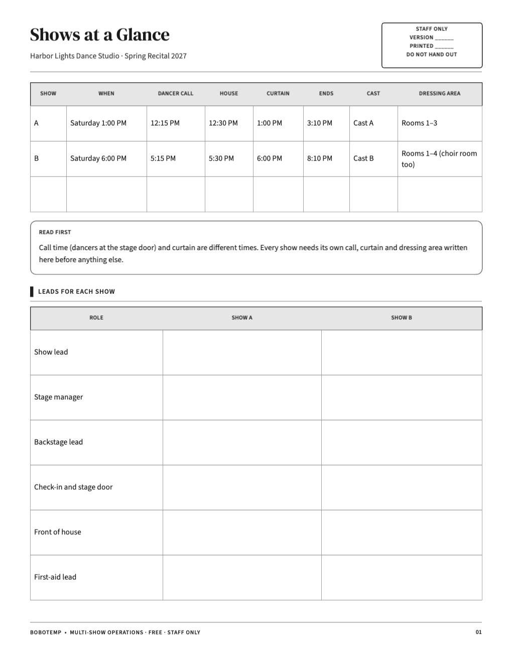 Shows at a glance with call times, curtains, casts and dressing areas for Show A and Show B