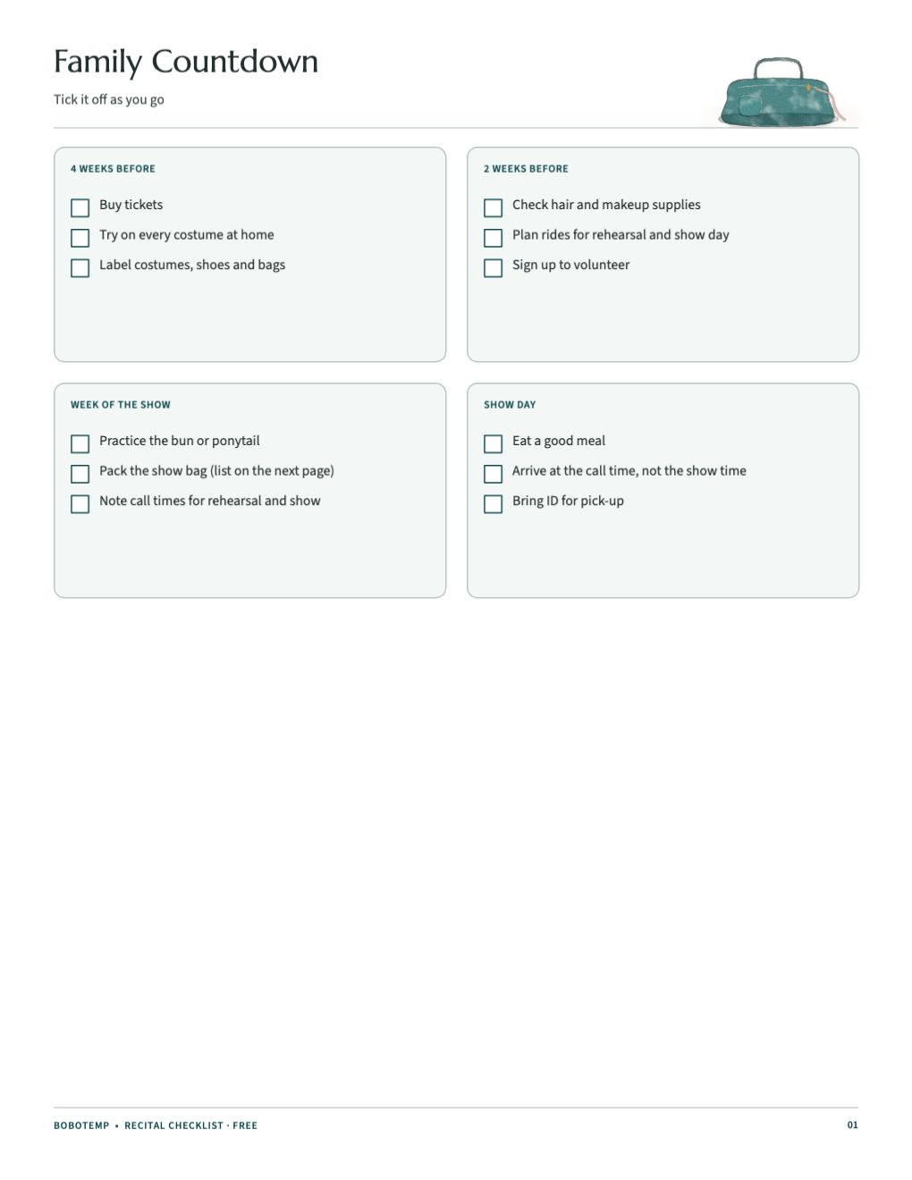 Family countdown checklist in four stages from four weeks before to show day