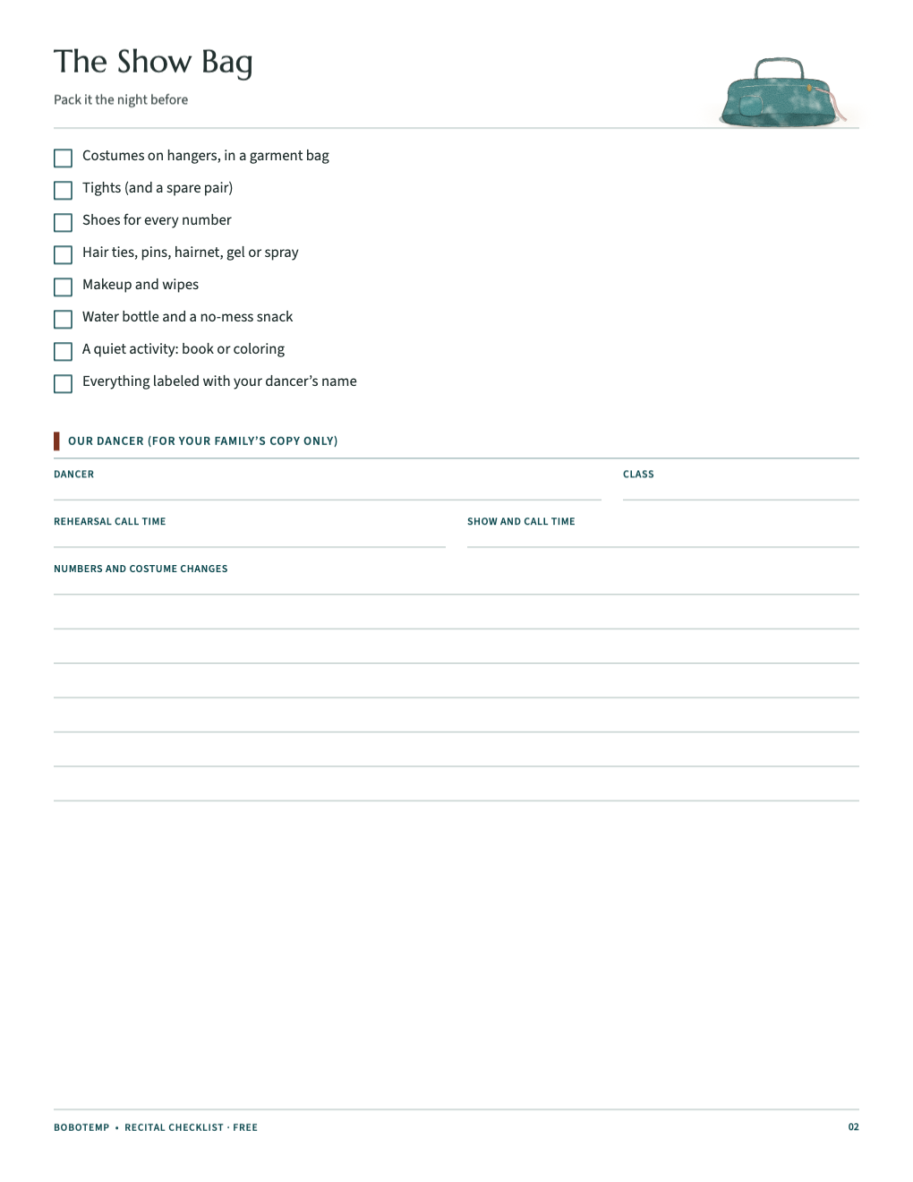 Show-bag packing checklist with a space for the dancer’s class and call times