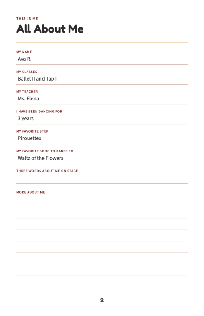 All About Me page with prompts for classes, teacher, favorite step and song