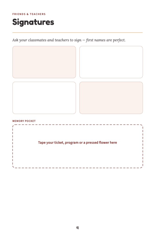 Signatures boxes and a memory pocket for a ticket