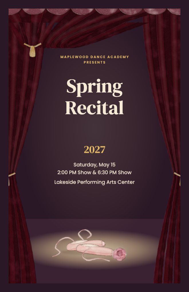 Recital program cover with a painted stage, red curtains and pointe shoes in the spotlight
