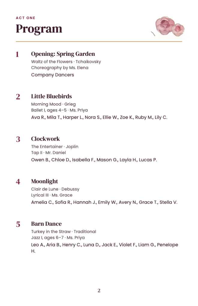 Program page one: five numbered pieces with music, teacher and performers