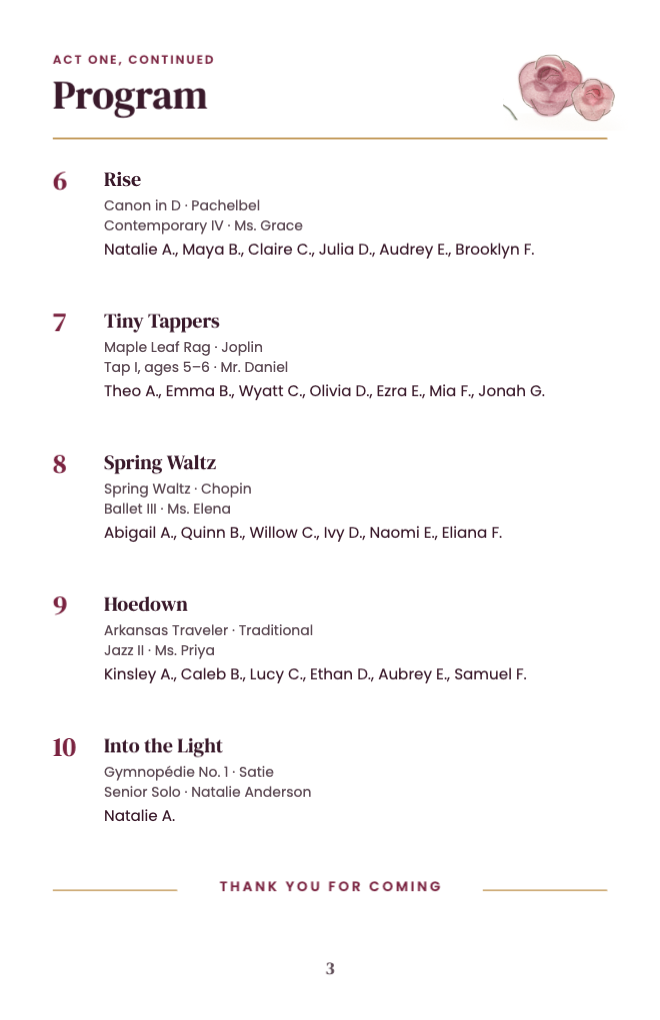 Program page two: five more pieces and a closing line
