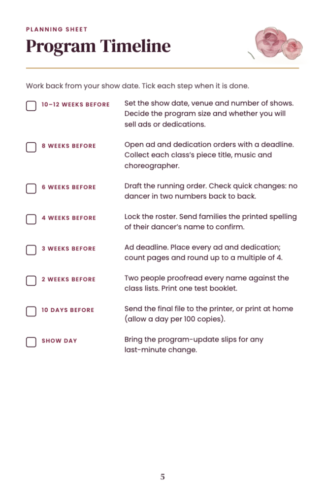 Recital program timeline checklist from twelve weeks before to show day