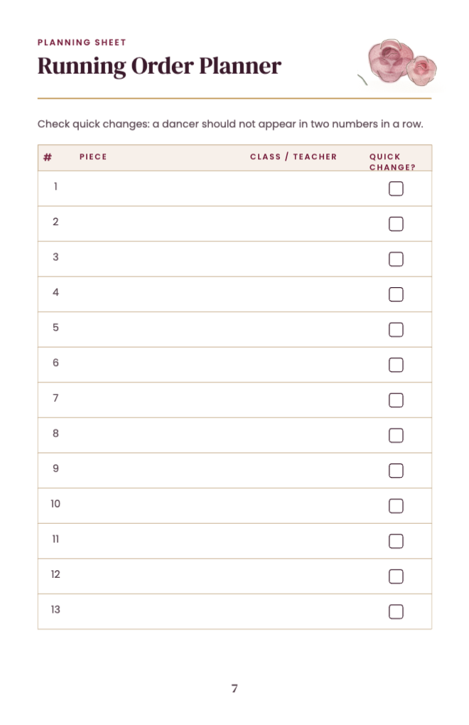 Running-order planner with a quick-change check column