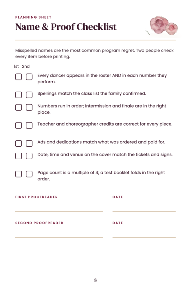 Name and proof checklist with first and second proofreader sign-off