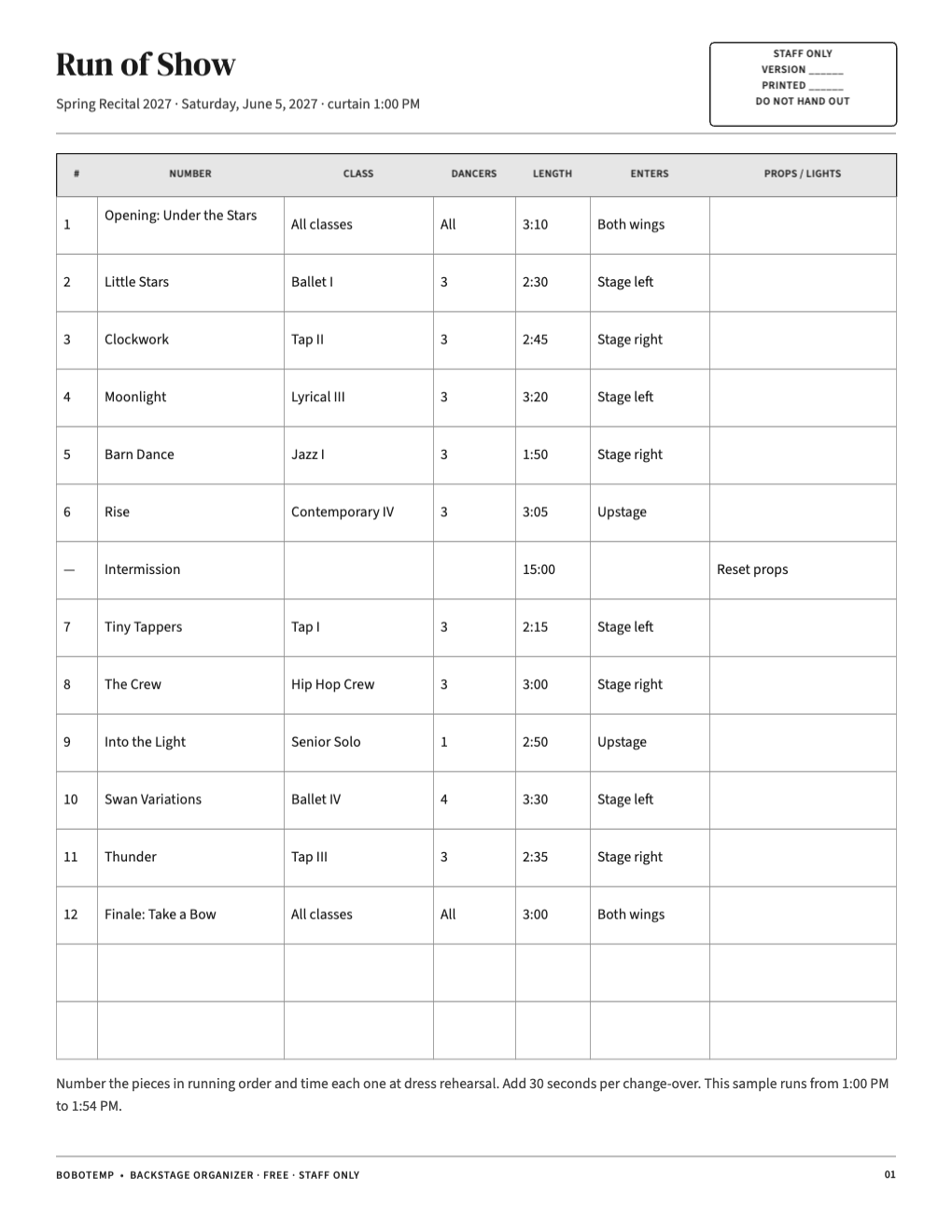 Run of show table with twelve numbers, classes, lengths and entrances