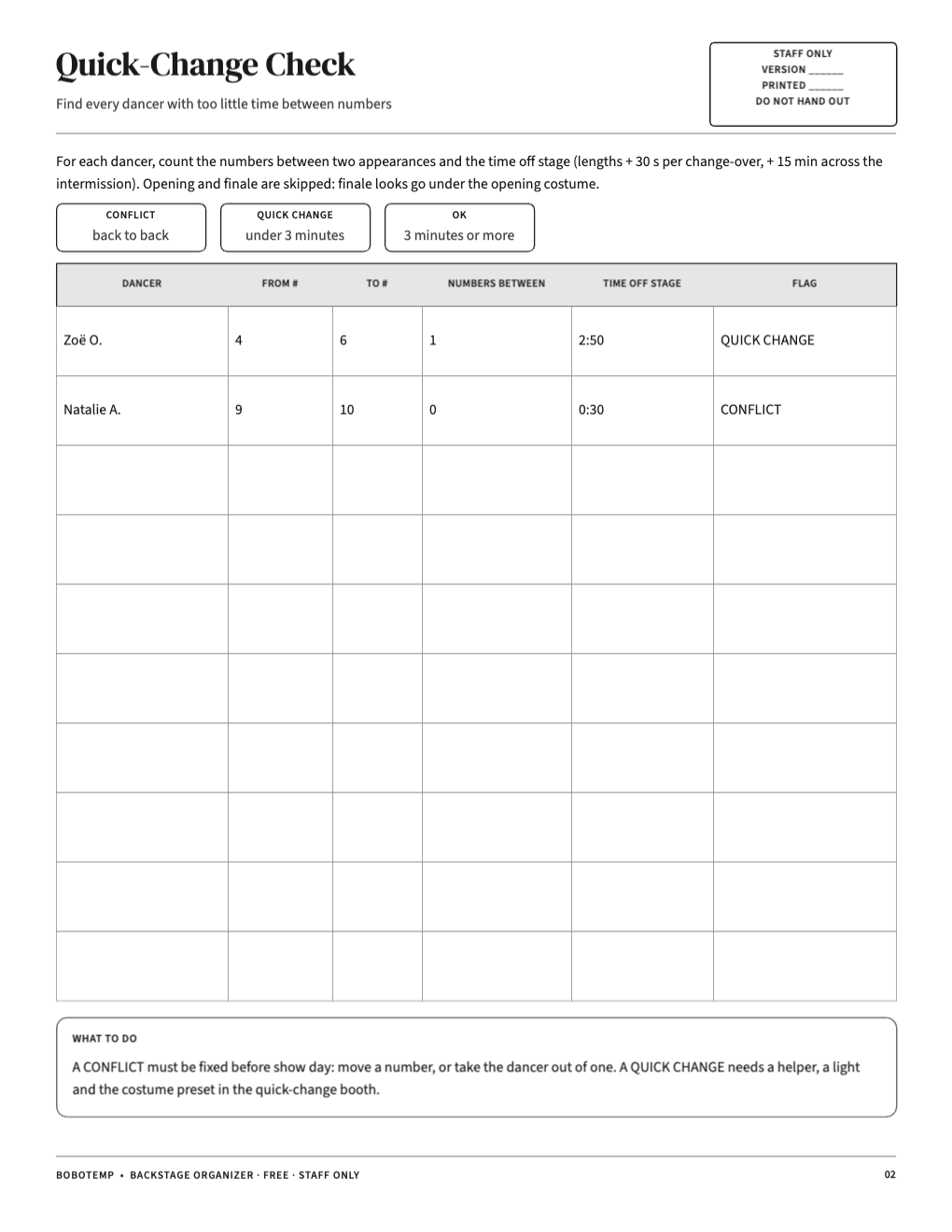 Quick-change check with CONFLICT and QUICK CHANGE flags