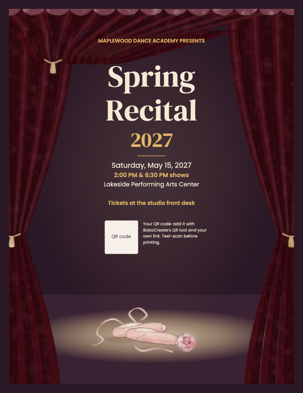Recital poster with a painted stage, red curtains and pointe shoes in a spotlight