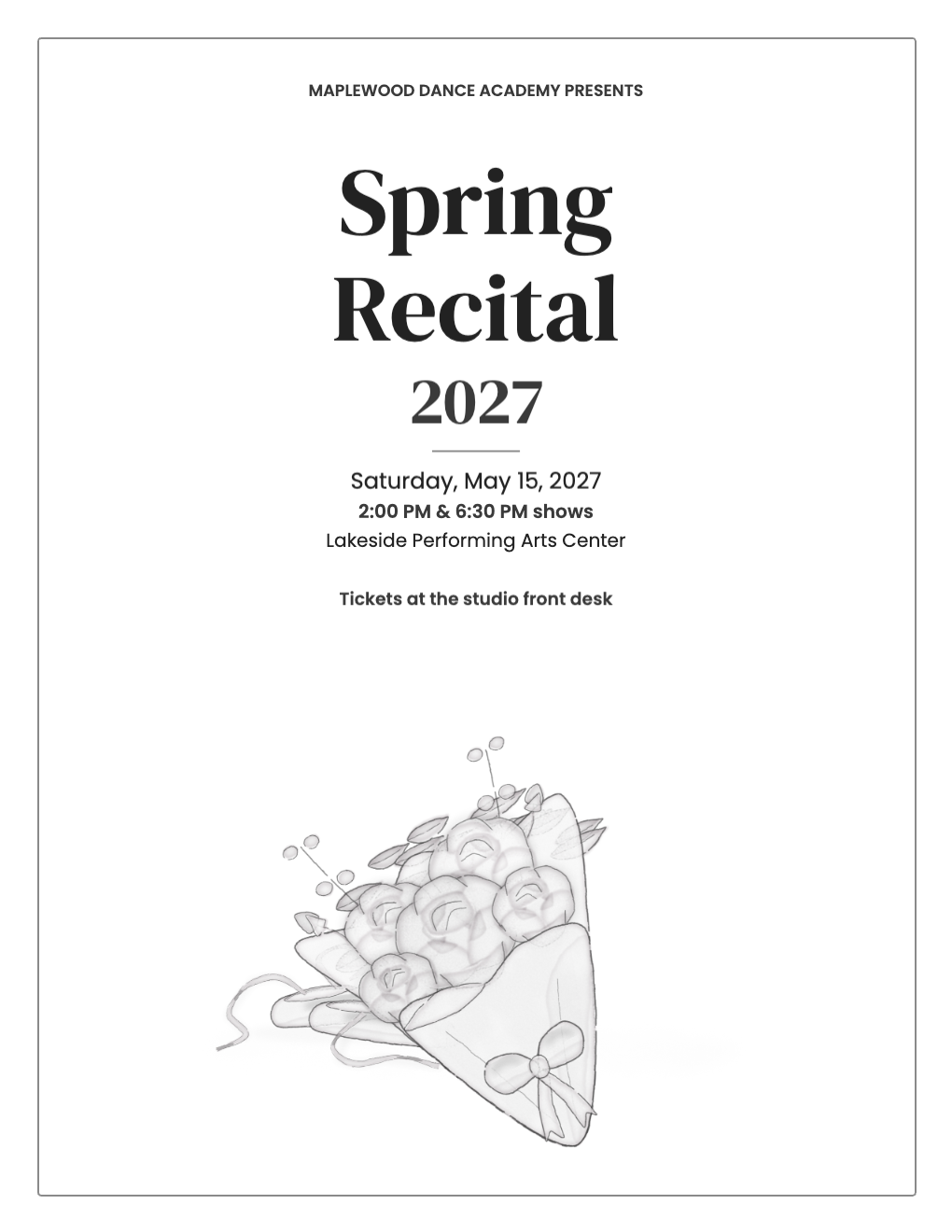 Black-and-white recital poster with a pen-drawn bouquet and pointe shoes