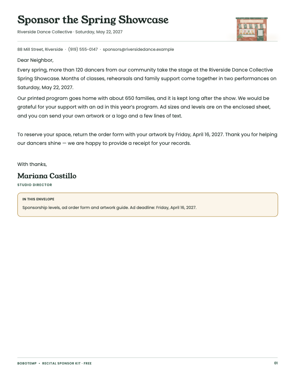Recital sponsorship letter to local businesses on studio letterhead