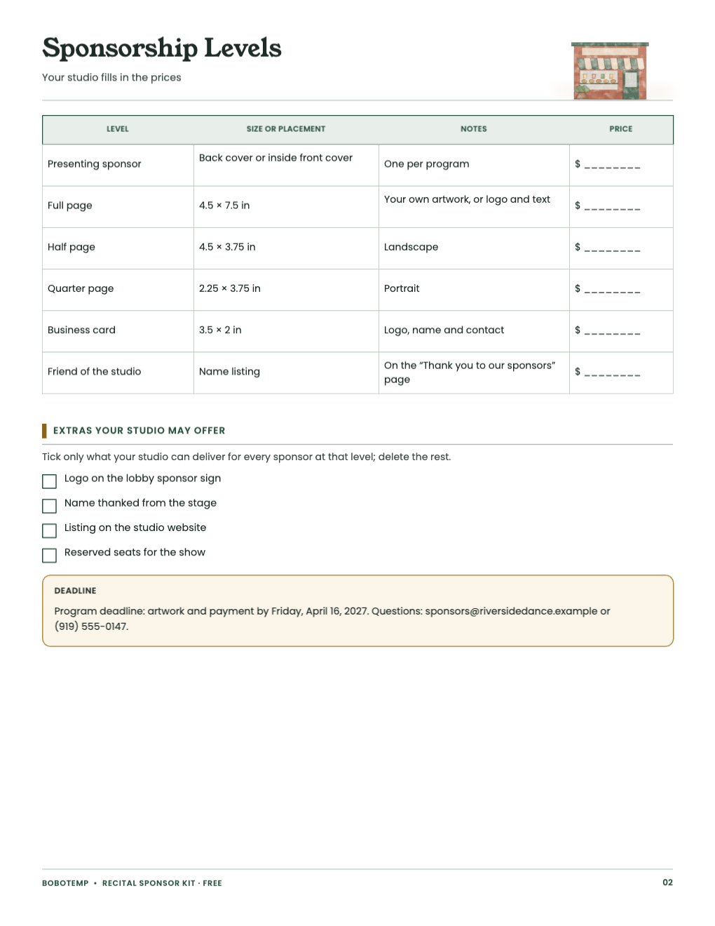 Sponsorship levels sheet with ad sizes, notes and blank price fields