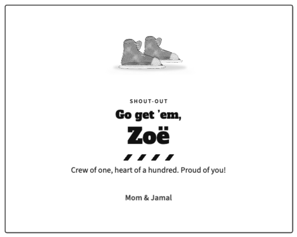 Black-and-white text-only recital shout-out for Zoë with painted high-top sneakers