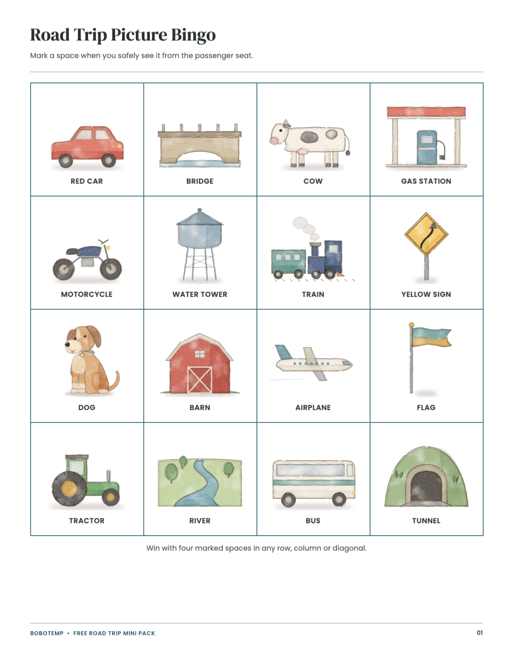 Picture bingo card with sixteen painted roadside things