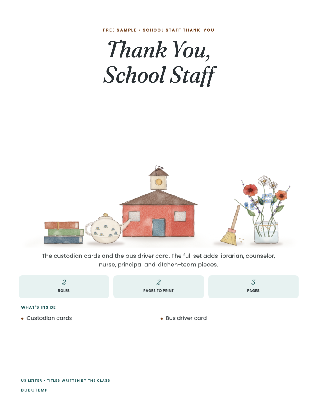 Thank You, School Staff sampler cover with a painted schoolhouse, books, a broom and flowers