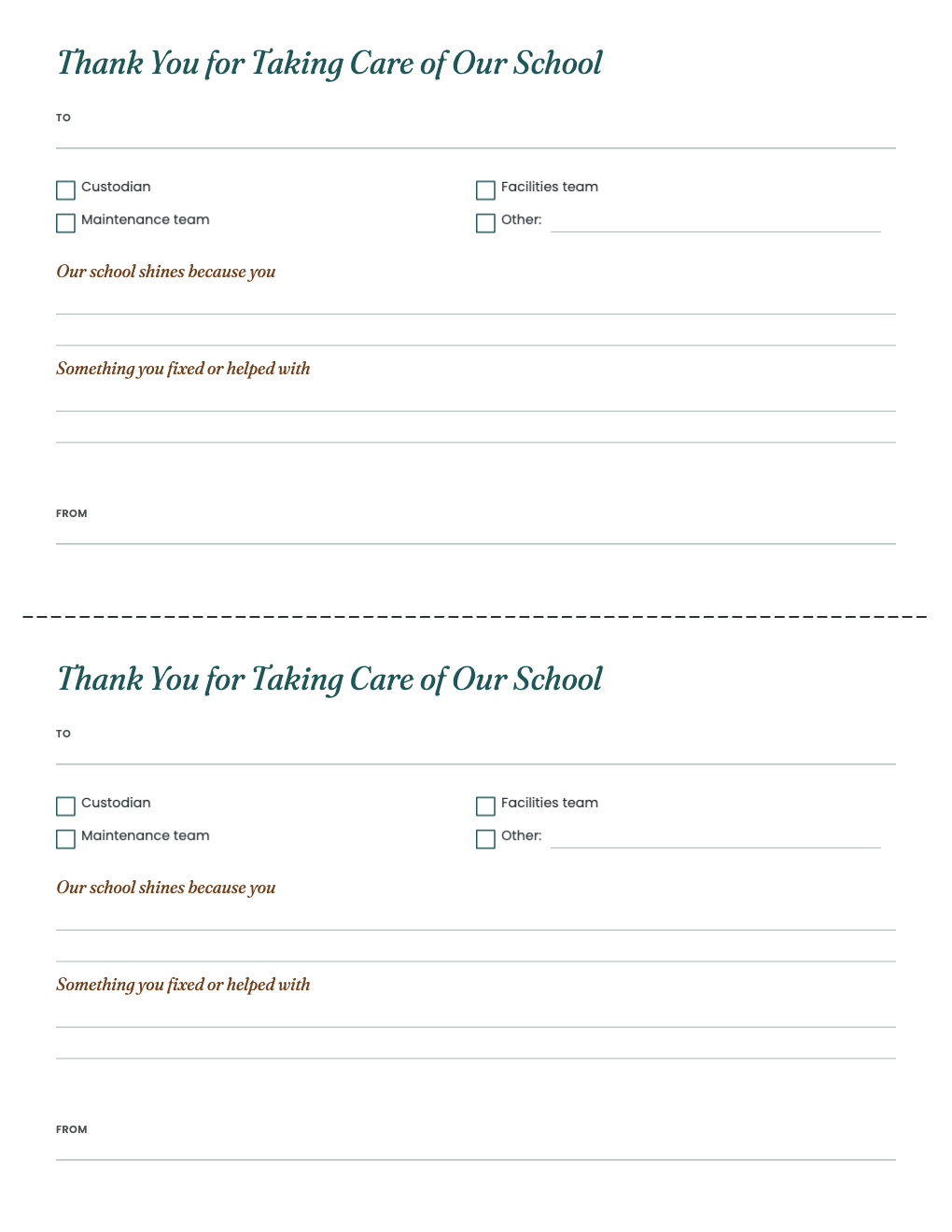 Two custodian thank-you cards with role tick boxes and prompts