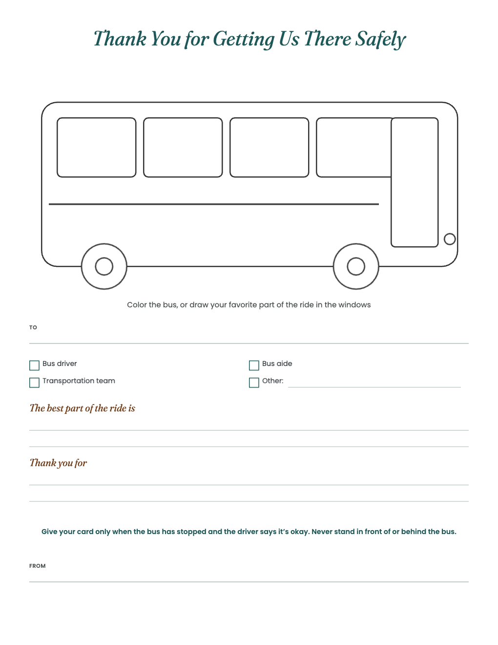 Bus driver thank-you card with a bus outline to color and a safety note
