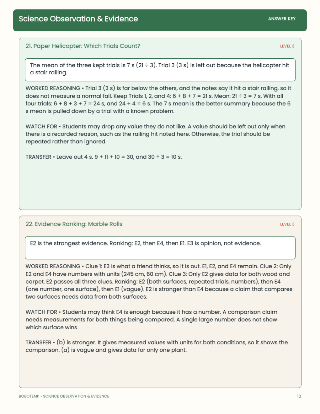 Science Observation & Evidence worked answer page