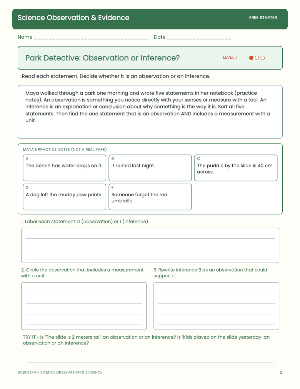 Science Observation & Evidence free activity page 1