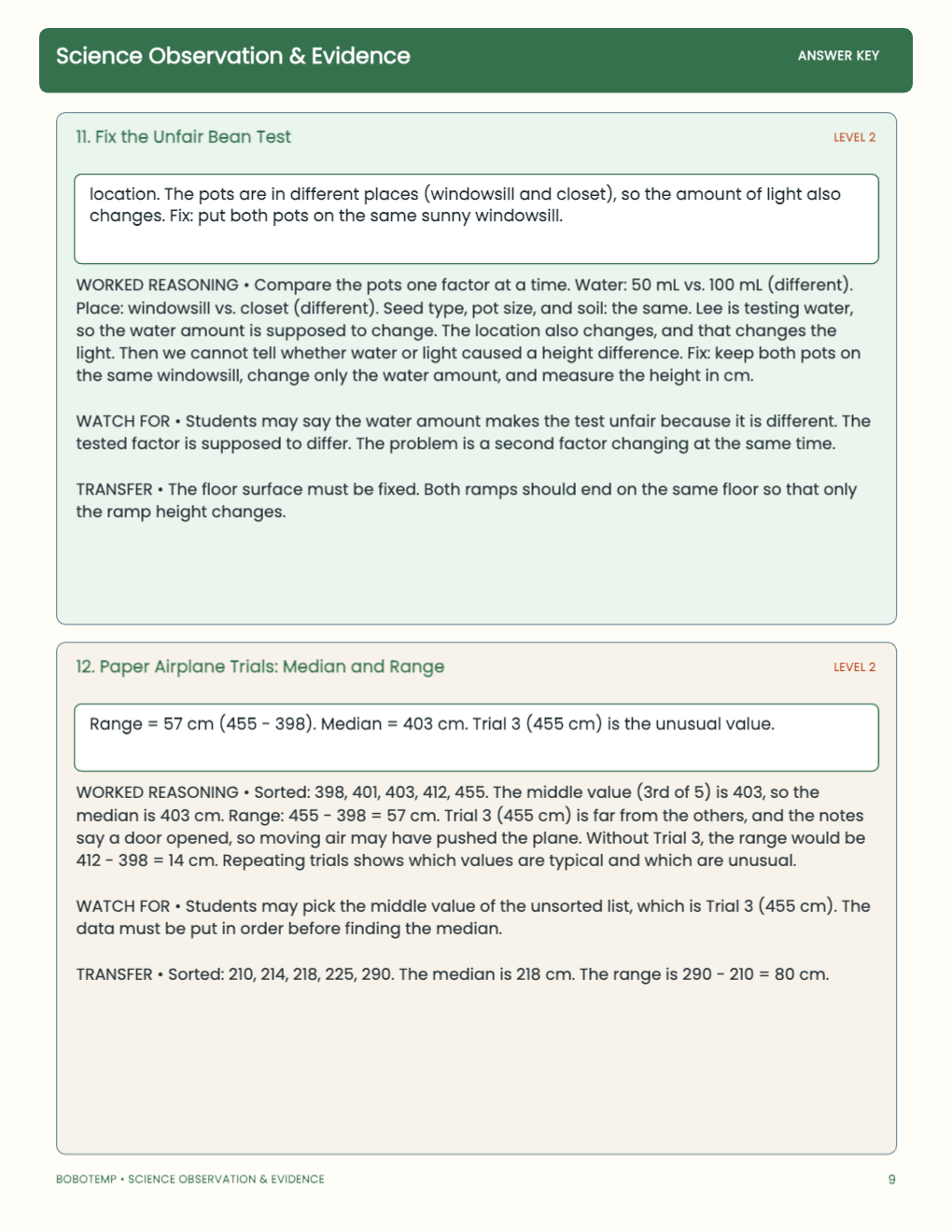 Science Observation & Evidence worked answer page
