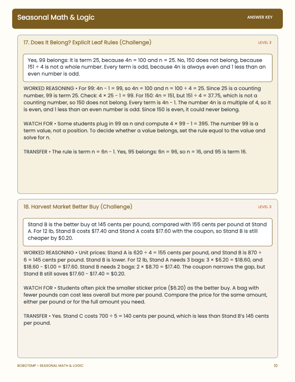 Seasonal Math & Logic worked answer page