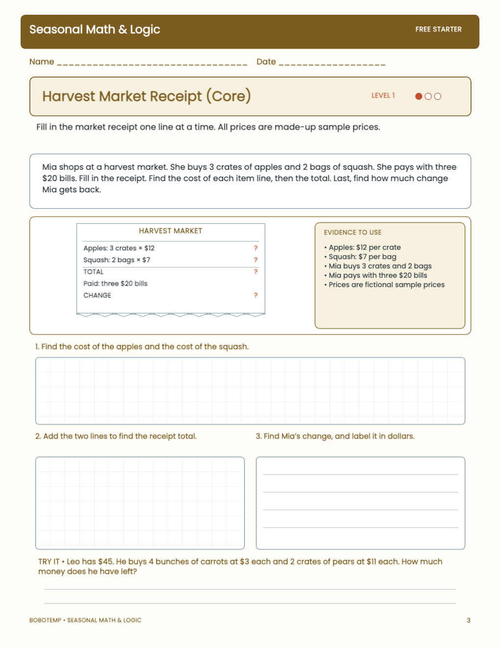 Seasonal Math & Logic free activity page 2