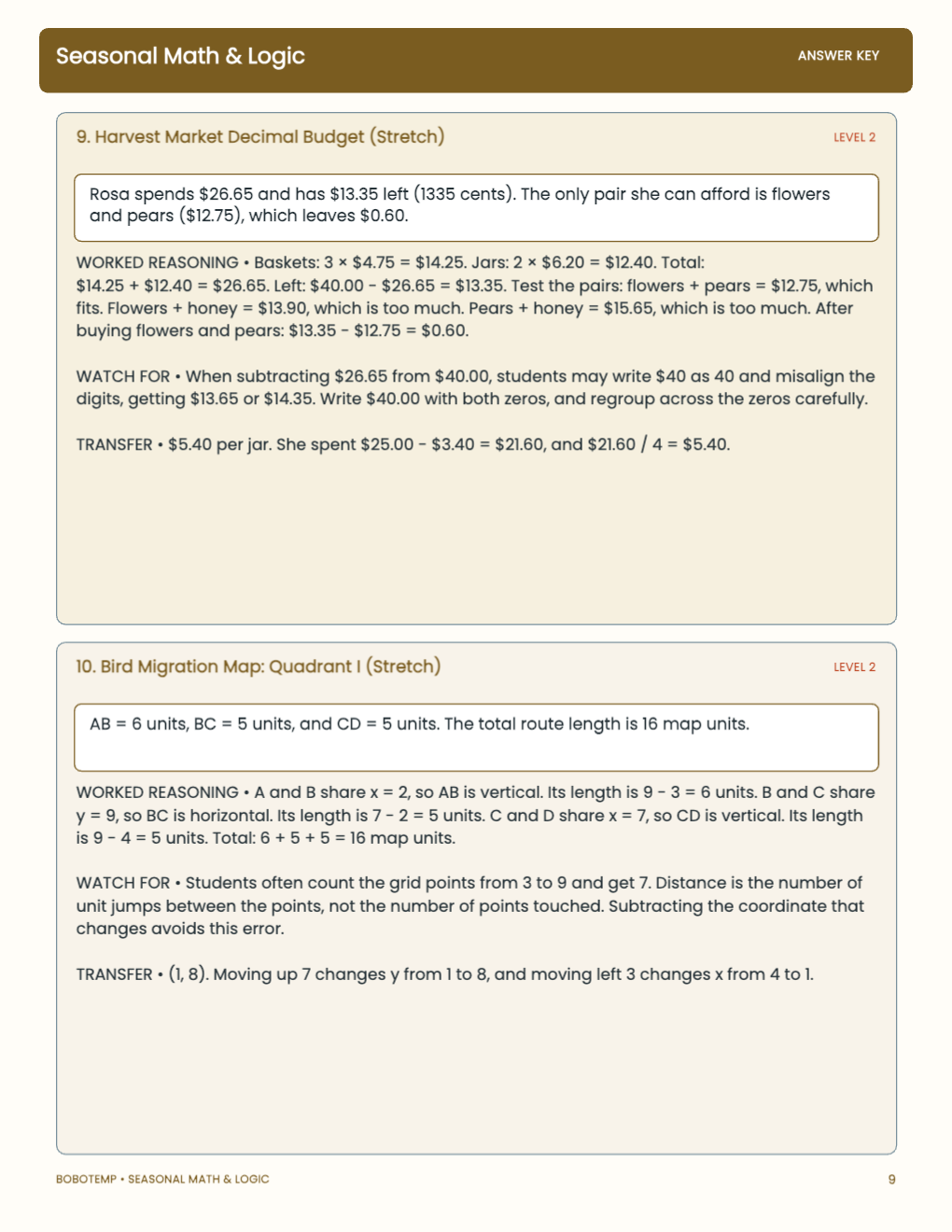 Seasonal Math & Logic worked answer page