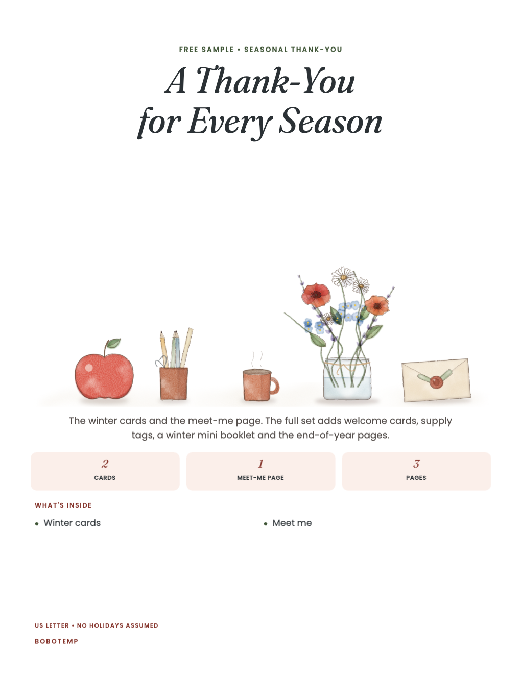 A Thank-You for Every Season sampler cover with an apple, pencils, a mug, flowers and a letter