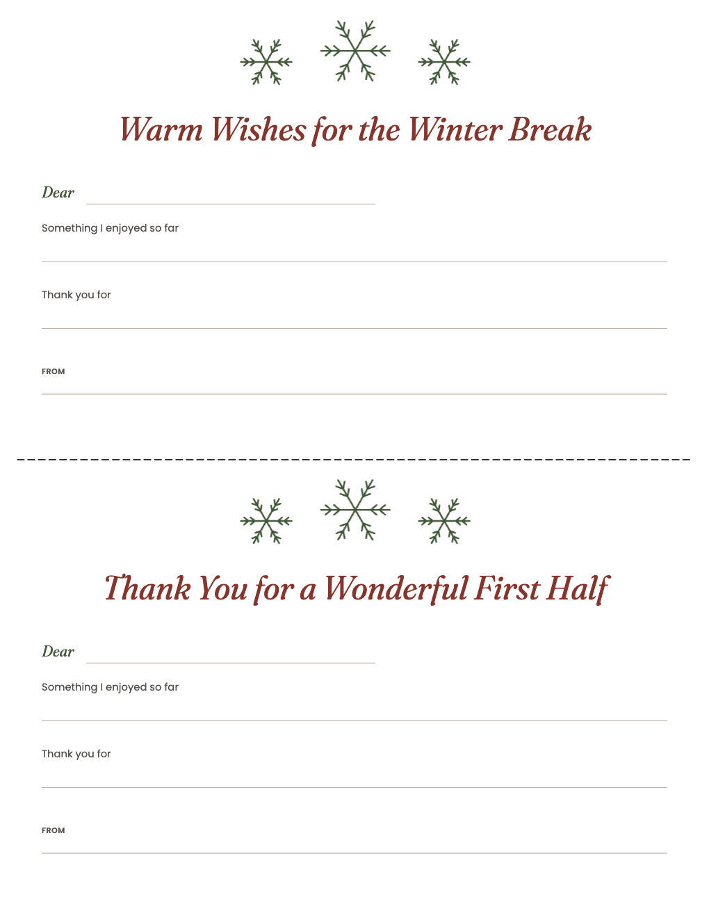 Two winter cards: Warm Wishes for the Winter Break and Thank You for a Wonderful First Half
