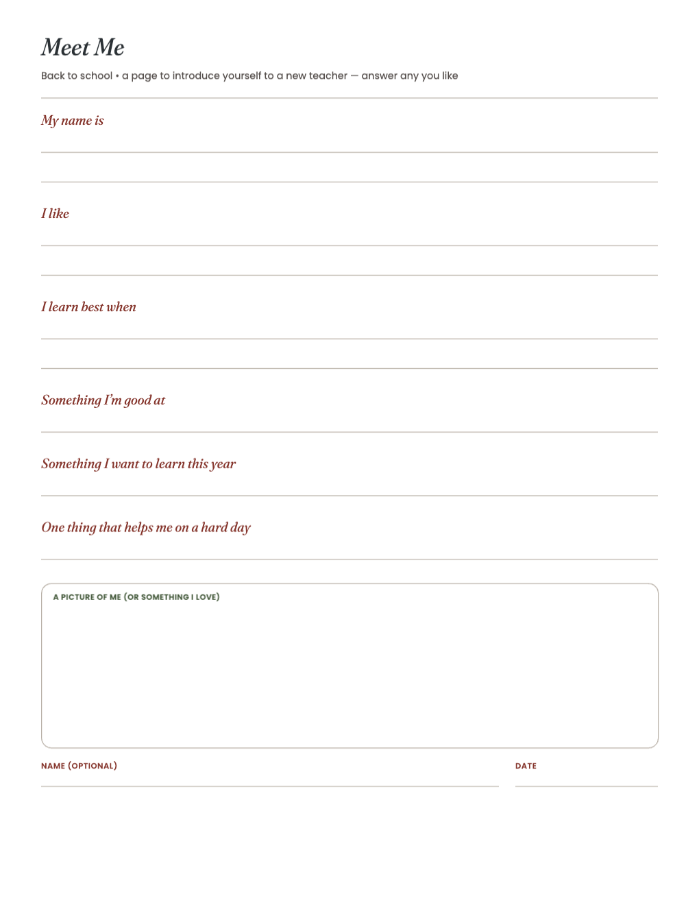 Meet Me: six sentence starters and a picture box for a new teacher