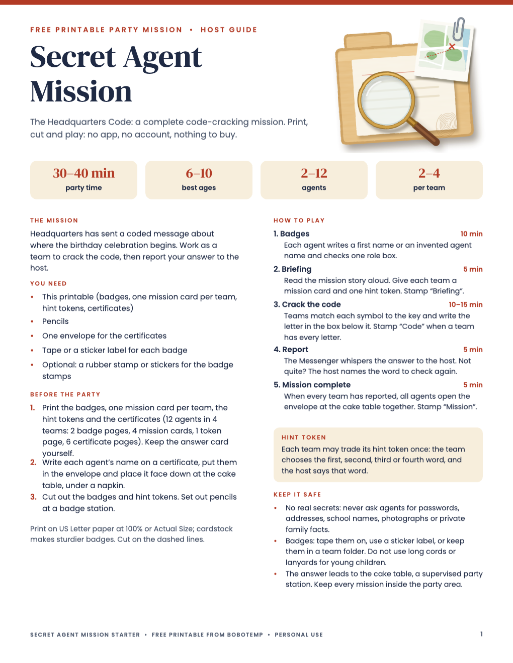 Host guide for the Secret Agent Mission printable game
