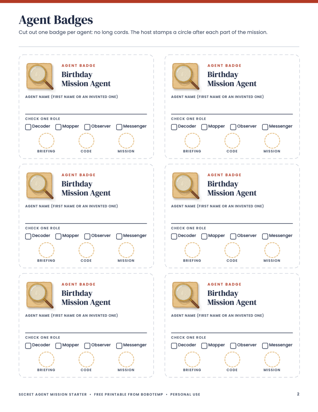 Printable secret agent party badges