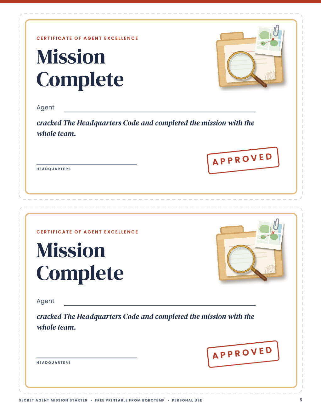 Printable Secret Agent mission-complete certificates