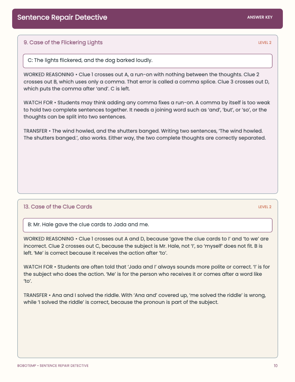 Sentence Repair Detective worked answer page