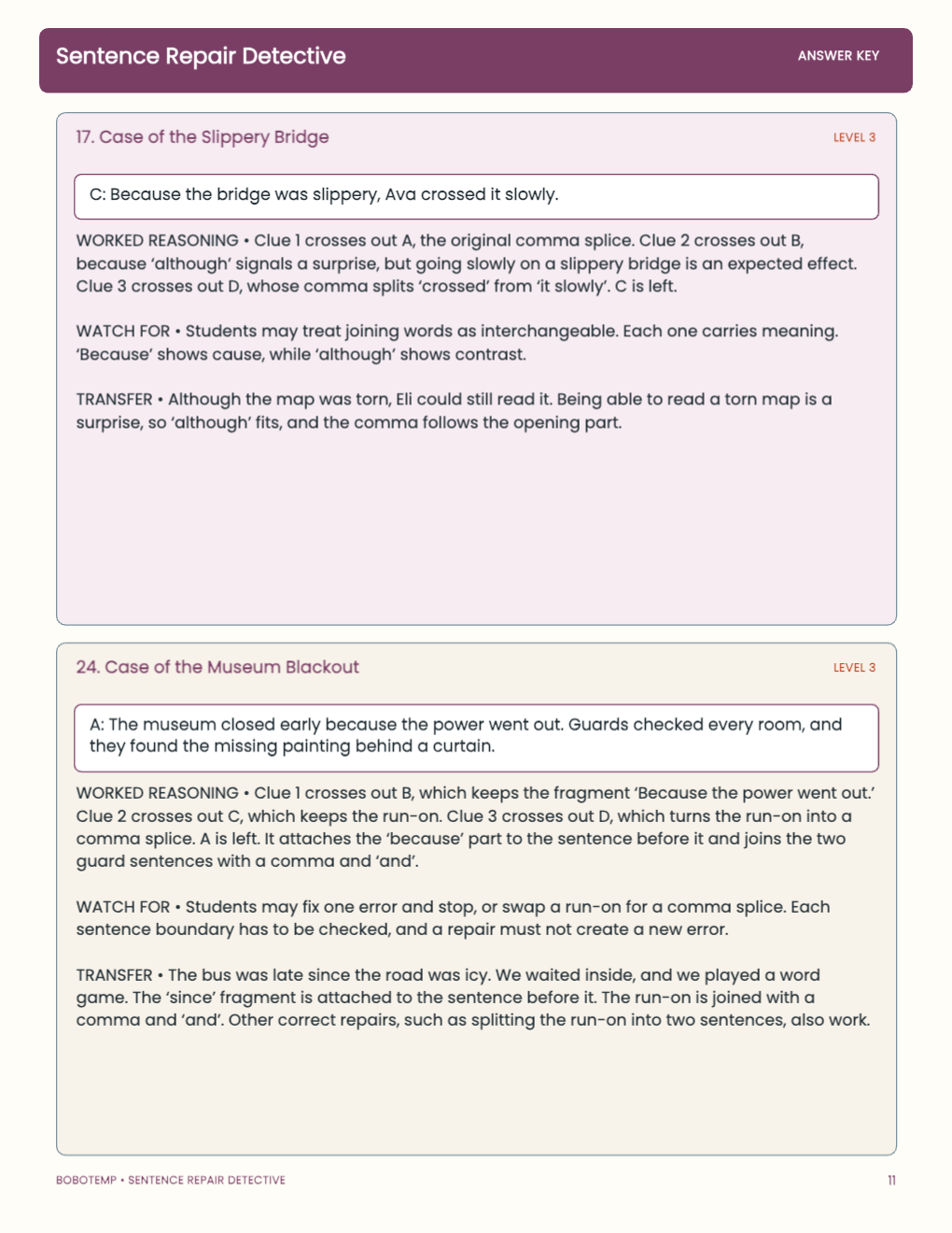 Sentence Repair Detective worked answer page